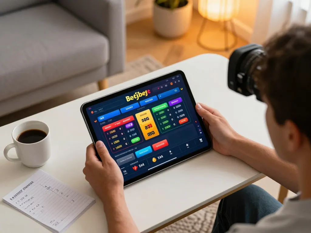 Person engaged in online betting using the betbet app on a tablet, surrounded by a cozy home setting.