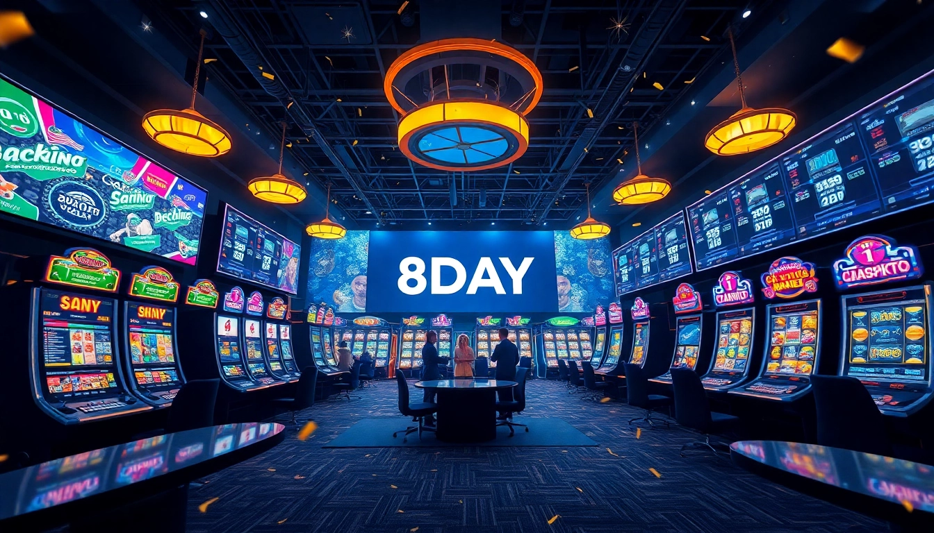 Exciting online gaming experience at 8DAY with live dealers and vibrant slot machines.