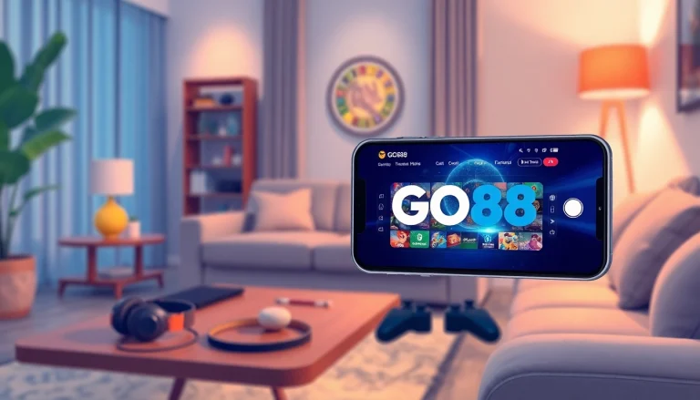 Tải GO88 mobile app displayed on a smartphone in a cozy gaming environment.
