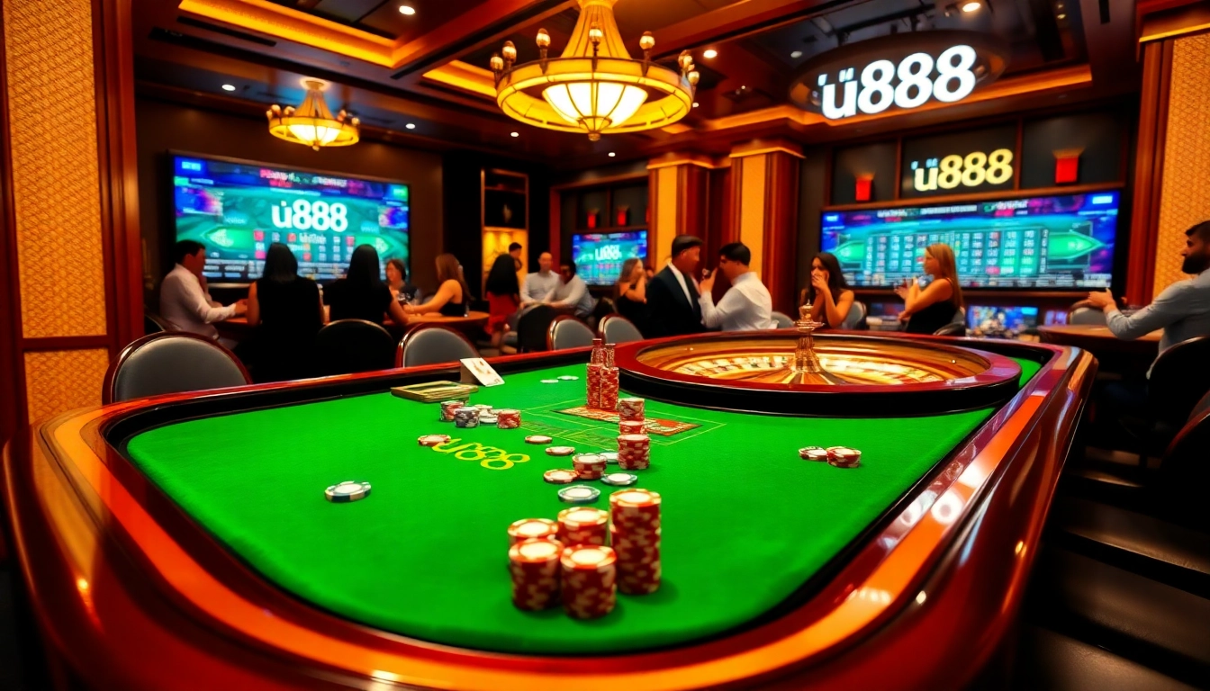 Experience thrilling gameplay at u888 with vibrant casino tables, poker chips, and roulette wheels.