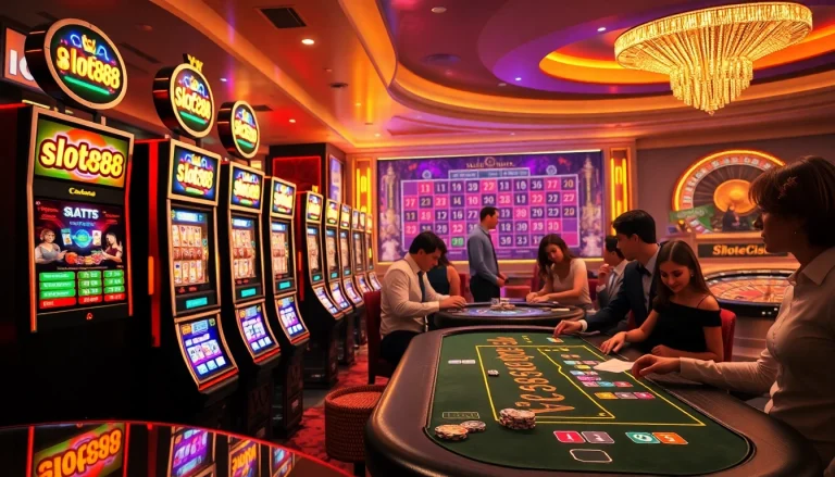 Engaged players enjoying vibrant slot888 slot machines in a luxurious casino setting.