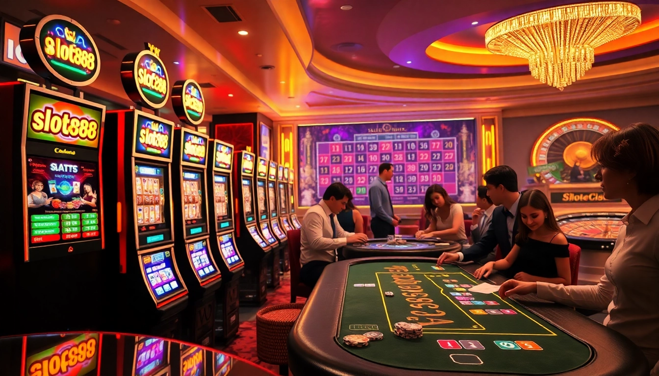 Engaged players enjoying vibrant slot888 slot machines in a luxurious casino setting.