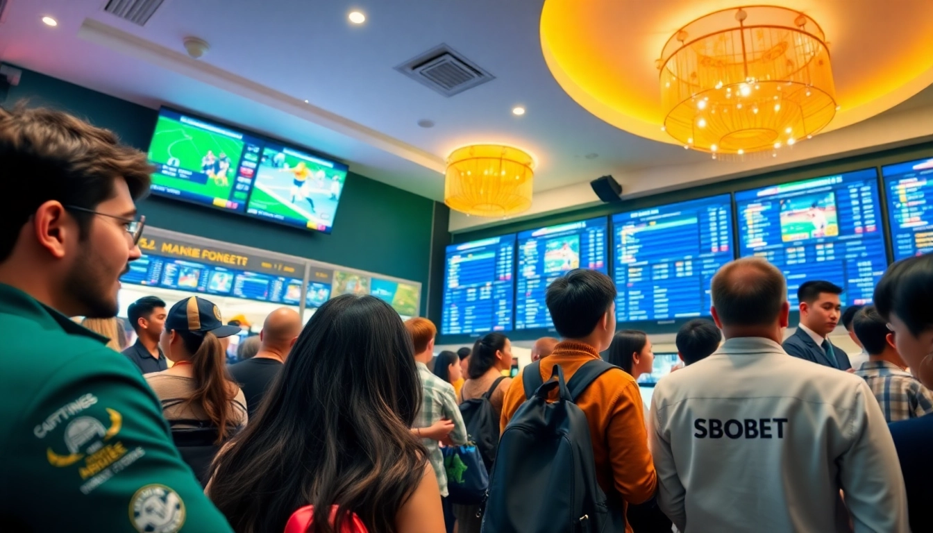 SBOBET sports betting scene showcasing diverse individuals engaged in online betting with vibrant displays of odds and events.