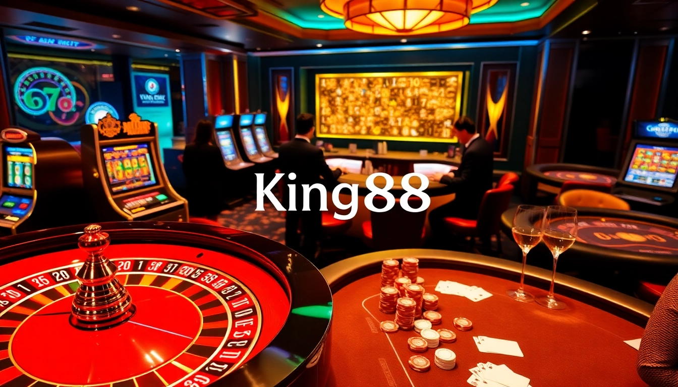 Exciting casino experience with King88 logo, showcasing roulette, poker, and slot machines.