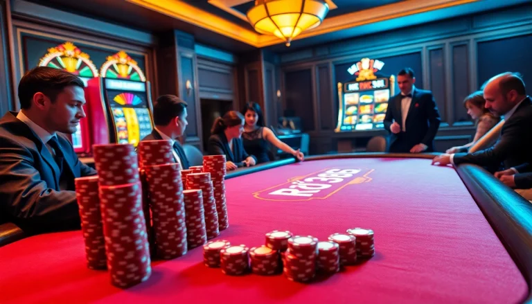 Excited players engaging in high-stakes poker at KP88's luxurious casino table.