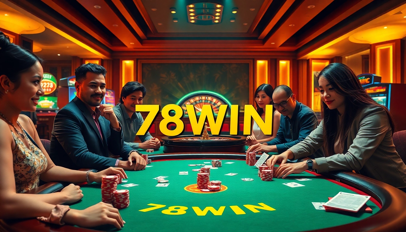 Players enjoying a thrilling game at a luxurious 78WIN casino table with vibrant chips and cards.