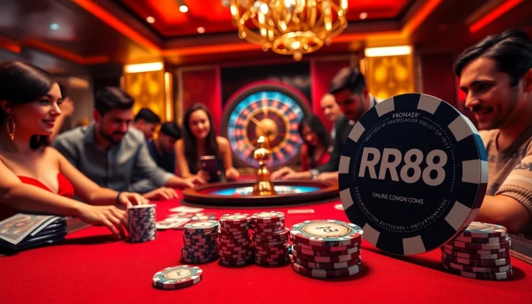 Exciting casino gameplay at RR88, showcasing poker chips and roulette wheel.