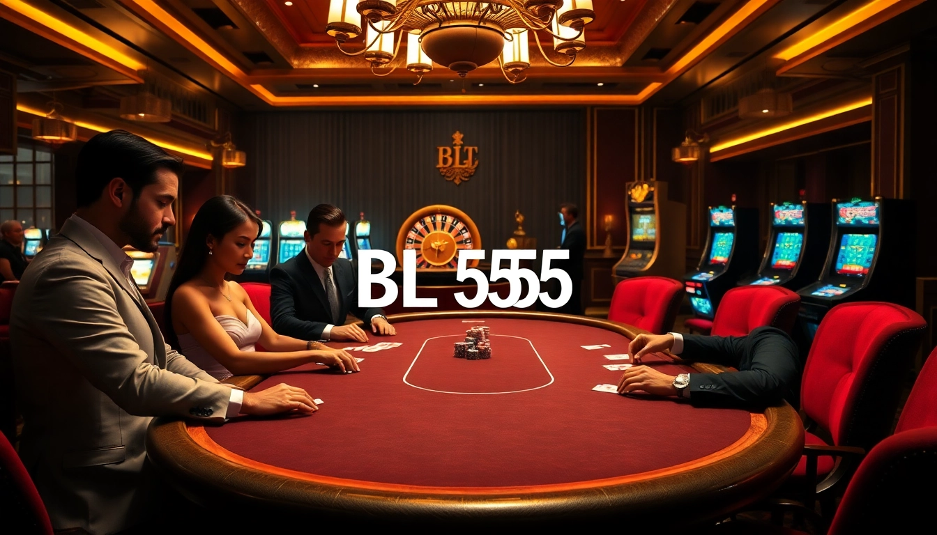 Engaging scene of a high-stakes poker table at BL555 casino with elegant players and dealer.