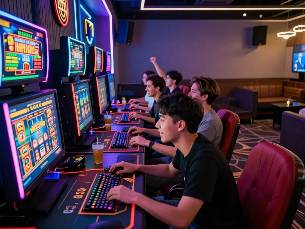 Players enjoying online gaming at 79king with vibrant screens and dynamic atmosphere.