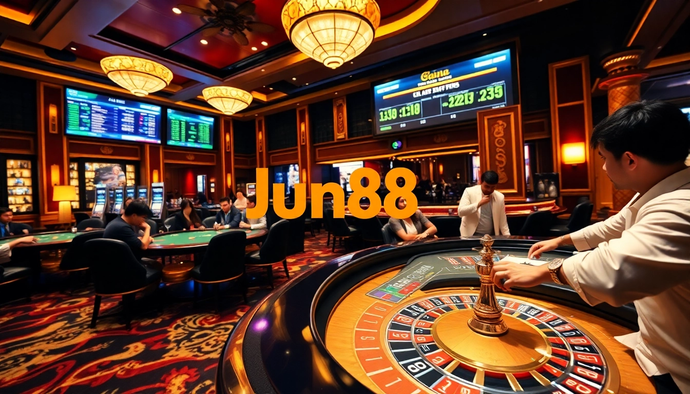Jun88 players enjoying a thrilling casino experience with vibrant gaming tables and beautiful decor.