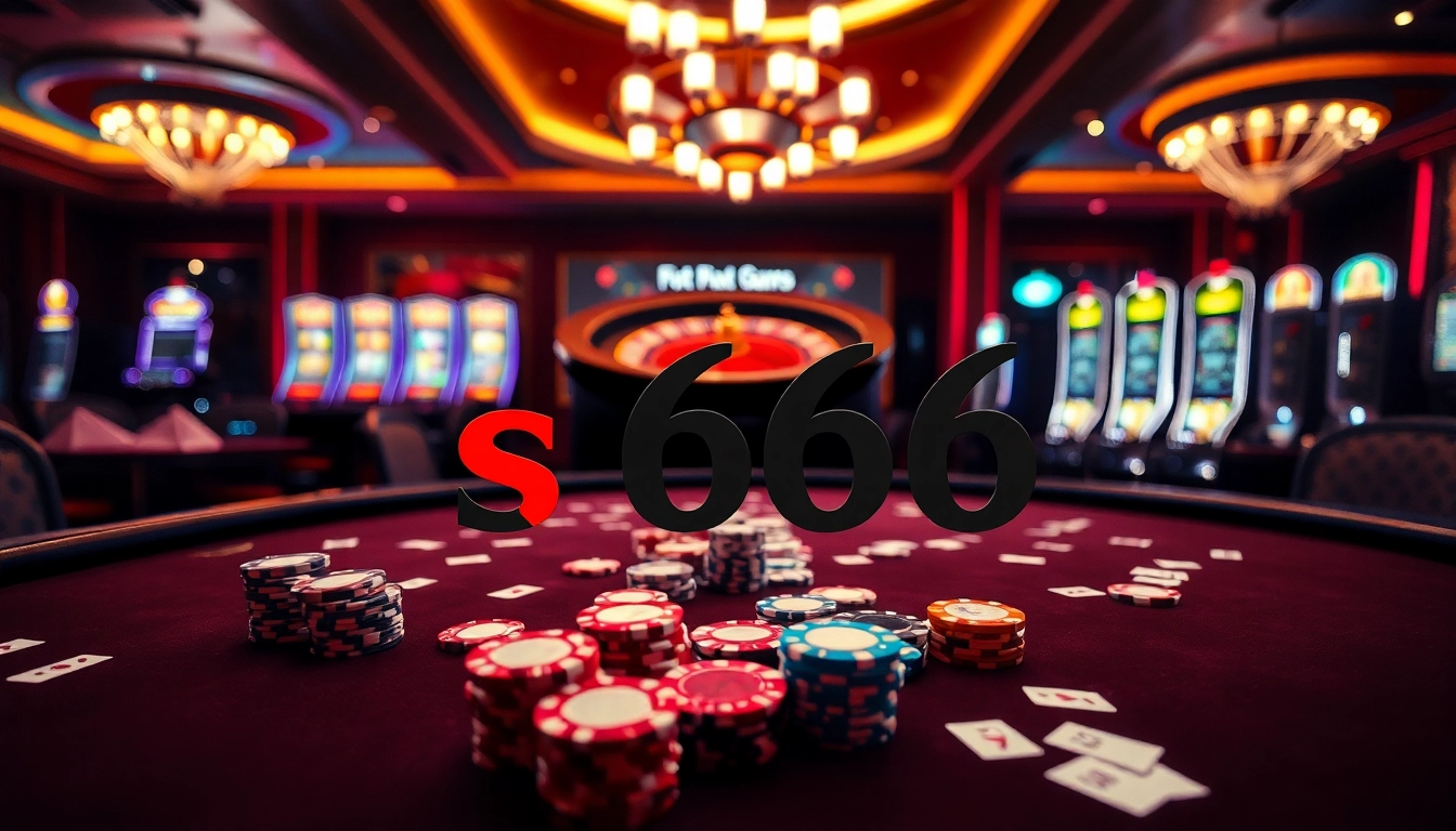 S666 gamblers enjoying an intense poker game at a vibrant casino.