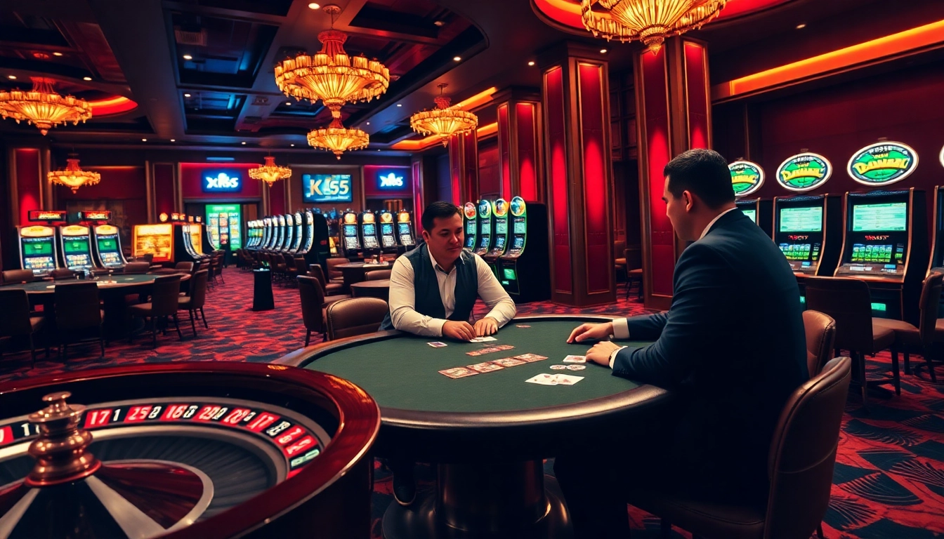 Engaging scene of KK55 online casino with players at high-stakes poker, casino tables, and vibrant slot machines.