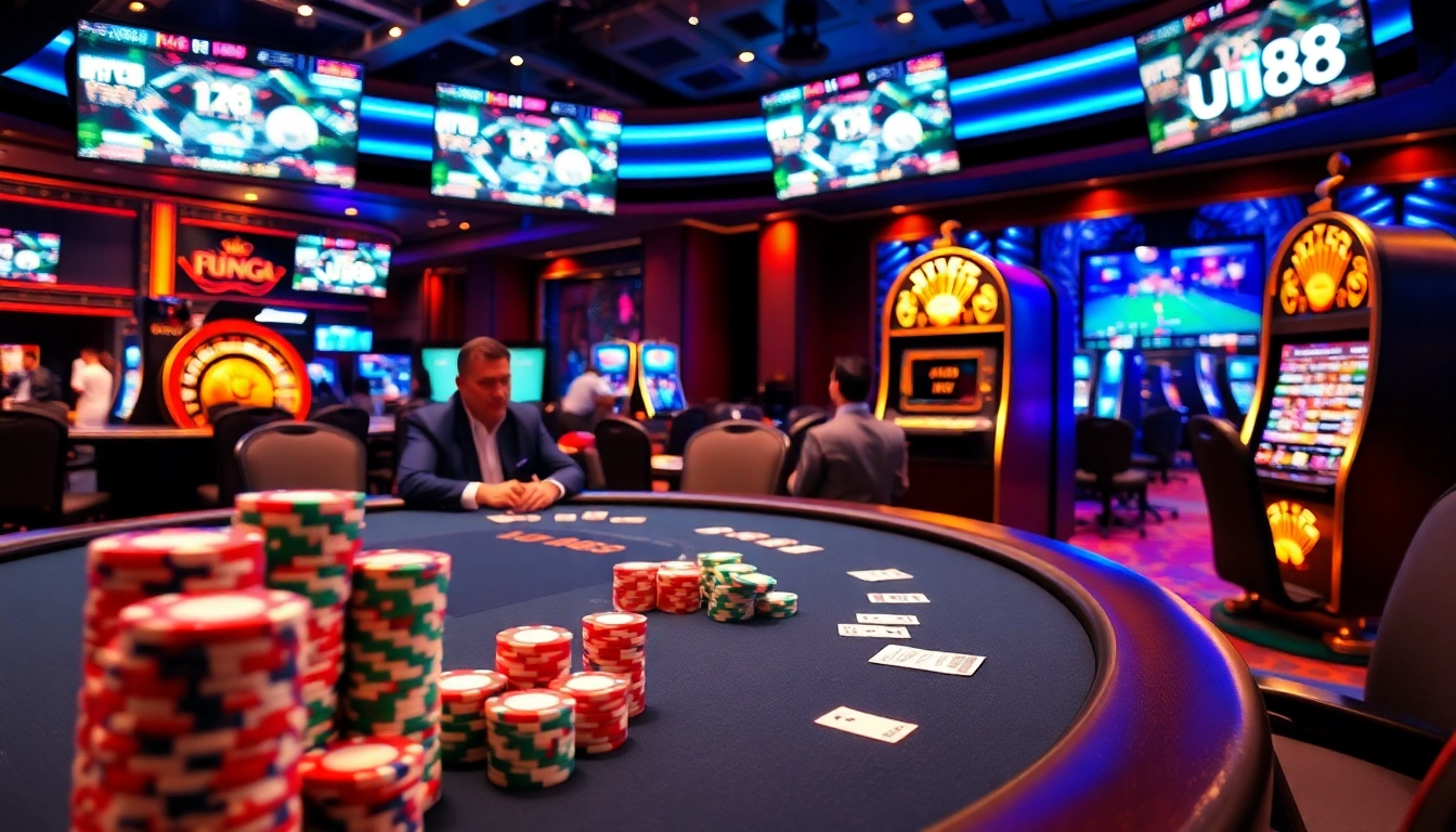 Exciting poker game at uu88 casino with colorful chips and lively players.