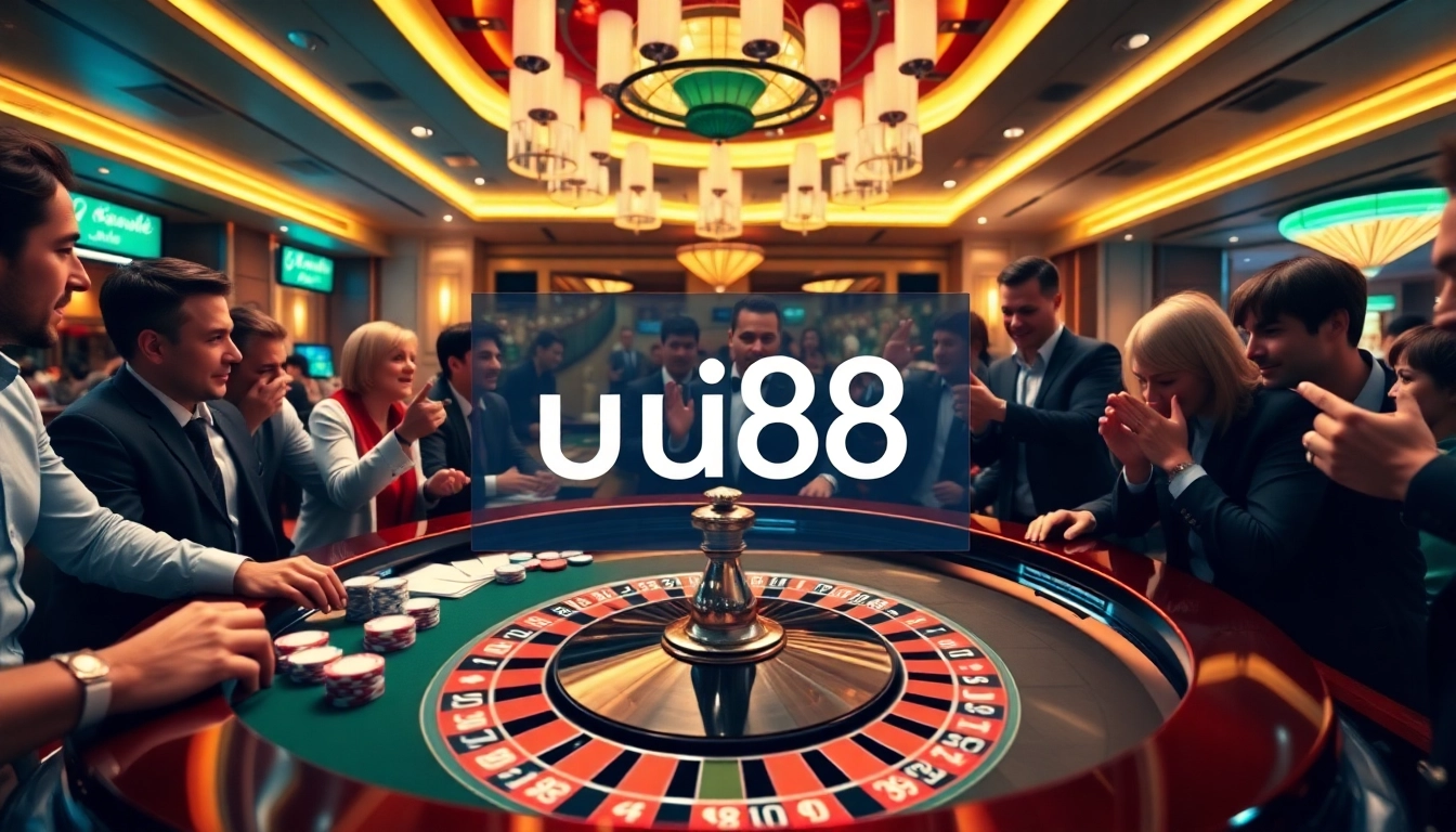 Players enjoying a thrilling game at uu88 casino, featuring poker chips and a roulette wheel.