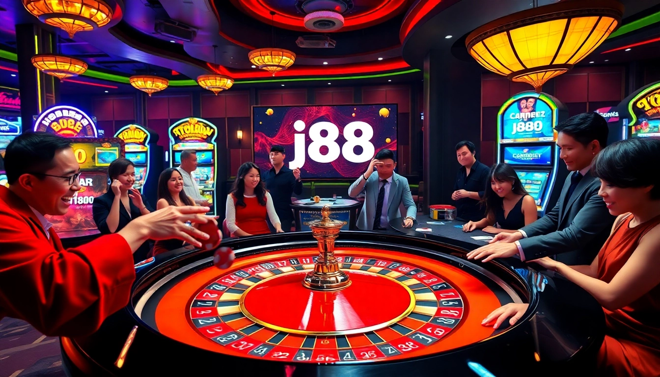 Experience the vibrant excitement at the j88 casino, featuring roulette, slot machines, and eager players.