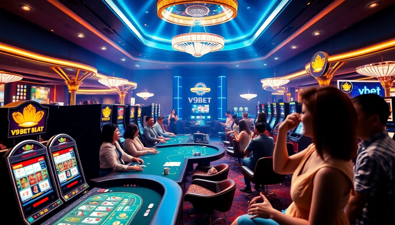 V9bet casino vibrant gaming scene with players and slot machines.