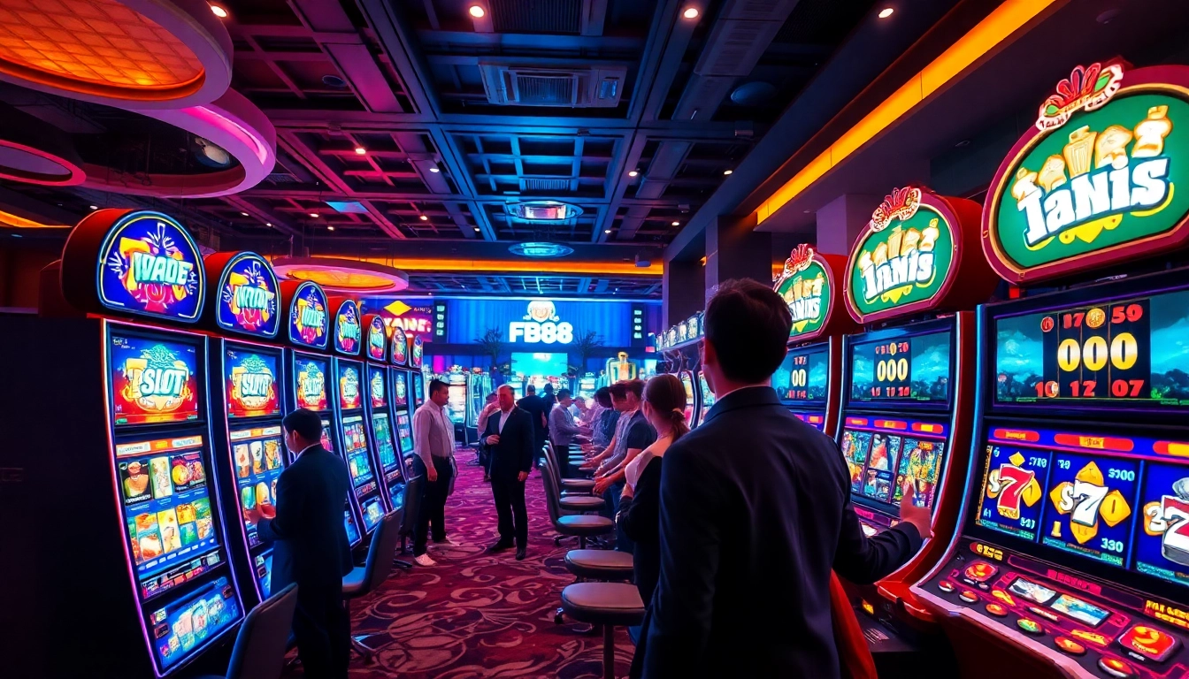 Exciting FB88 slot gaming scene with players, vibrant lights, and modern machines.