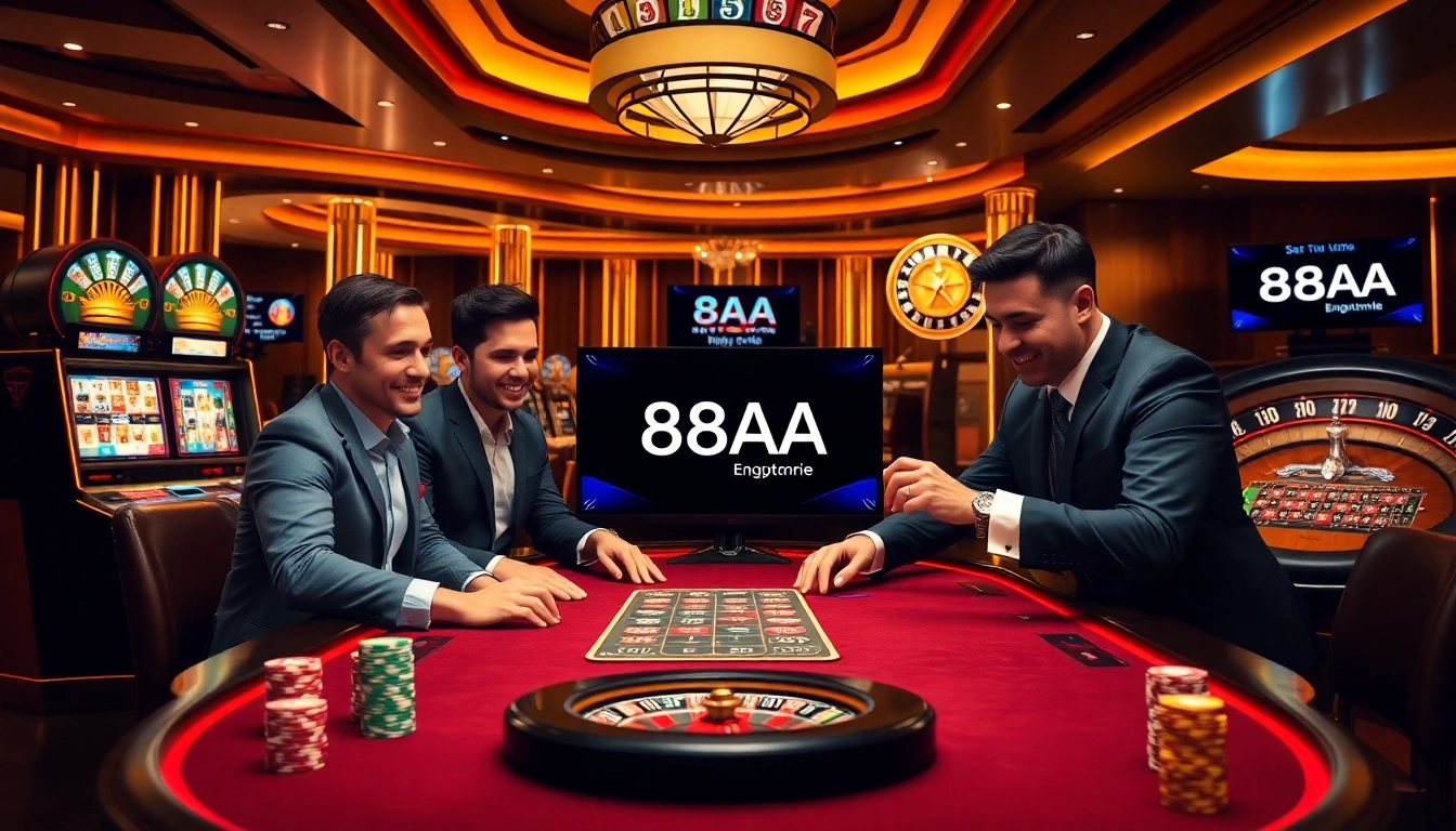 Excited players enjoying a poker game at 88AA casino, with colorful chips and vibrant lighting.