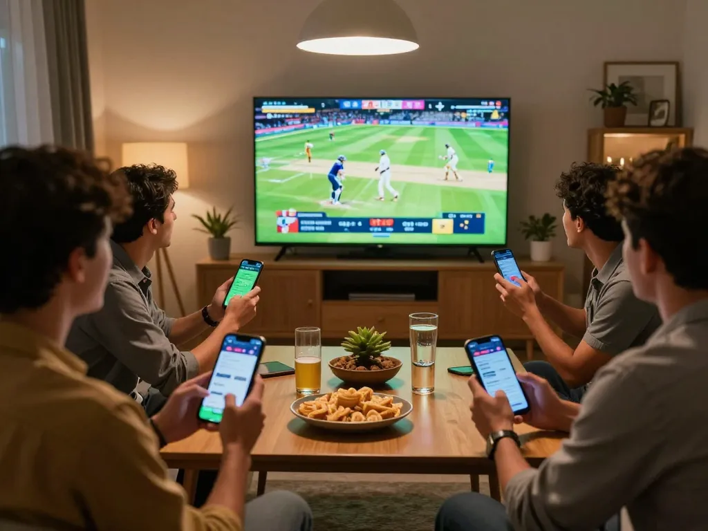 Young bettors enjoying cricket betting on BGD33, with lively excitement during a live match