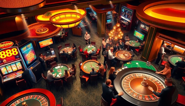 Kegembiraan mesin 888slot dalam suasana kasino mewah dengan pemain yang terlibat dan visual yang penuh warna.