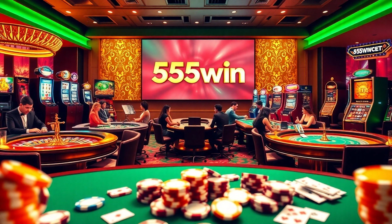 Players enjoying thrilling casino games at 555win, showcasing vibrant slot machines and tables.
