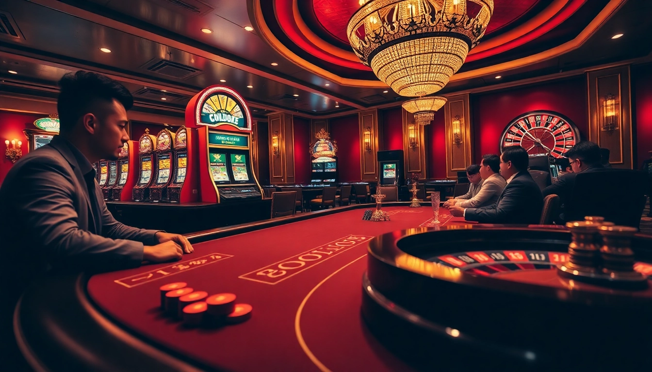 Players engaging at a poker table and slot machines representing excitement at 99ok casino.