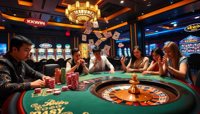 Experience high-stakes gambling excitement at KKWIN with vibrant poker chips and players engaged in thrilling games.