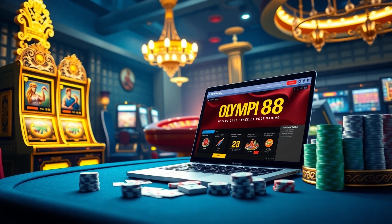 OLYMPUS88's luxurious online gambling experience with slot machines and roulette wheel.