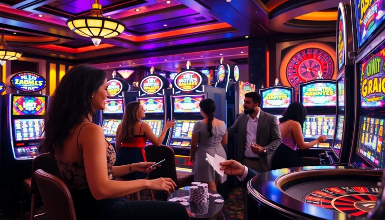 Rasakan kegembiraan permainan slot di lingkungan kasino yang semarak dengan pemain yang berinteraksi dengan mesin.