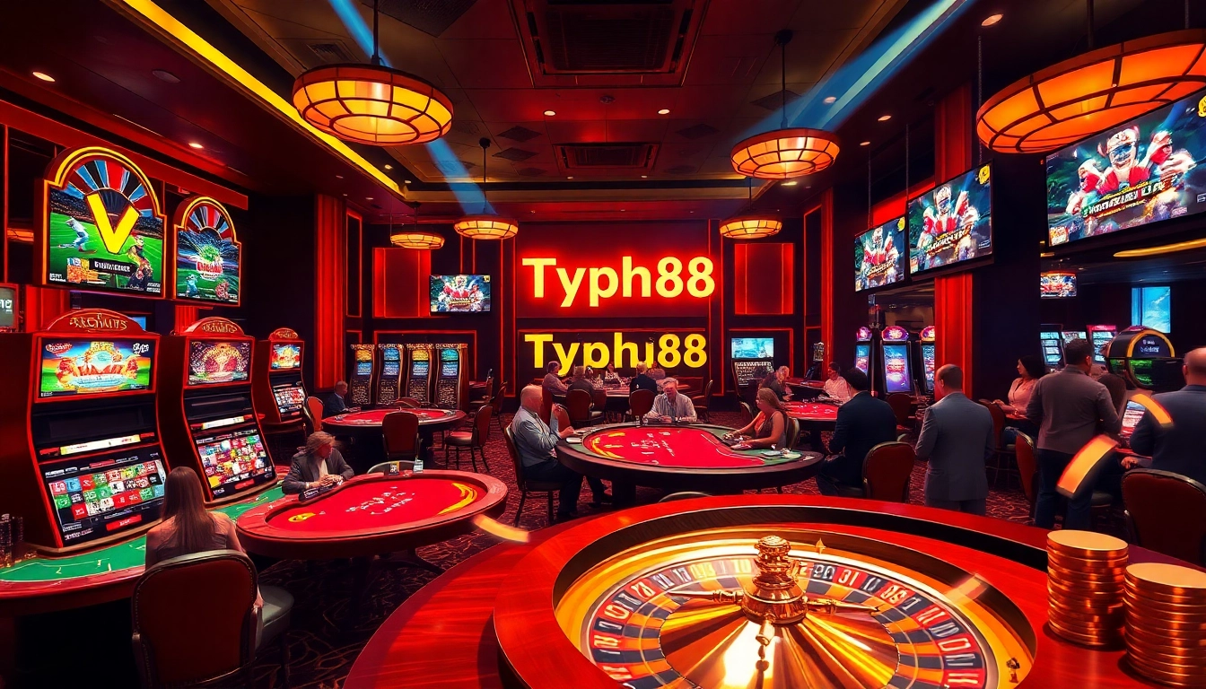 Engaging scene of players at Typhu88 casino with poker tables and vibrant slot machines.