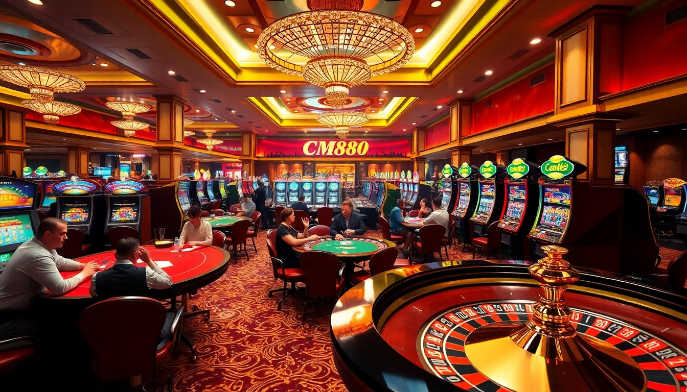 Excited players engaging in various games at CM88's luxurious casino.