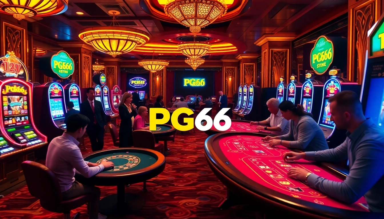 PG66 online casino showcasing poker players and vibrant slot machines in an exciting atmosphere.