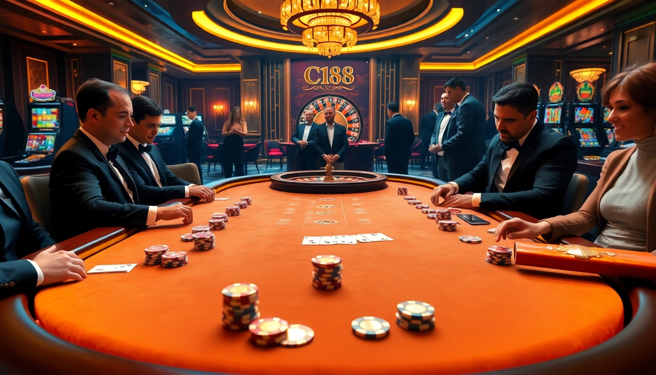 C168 players enjoying high-stakes poker in a luxurious casino setting with vibrant chips and cards.