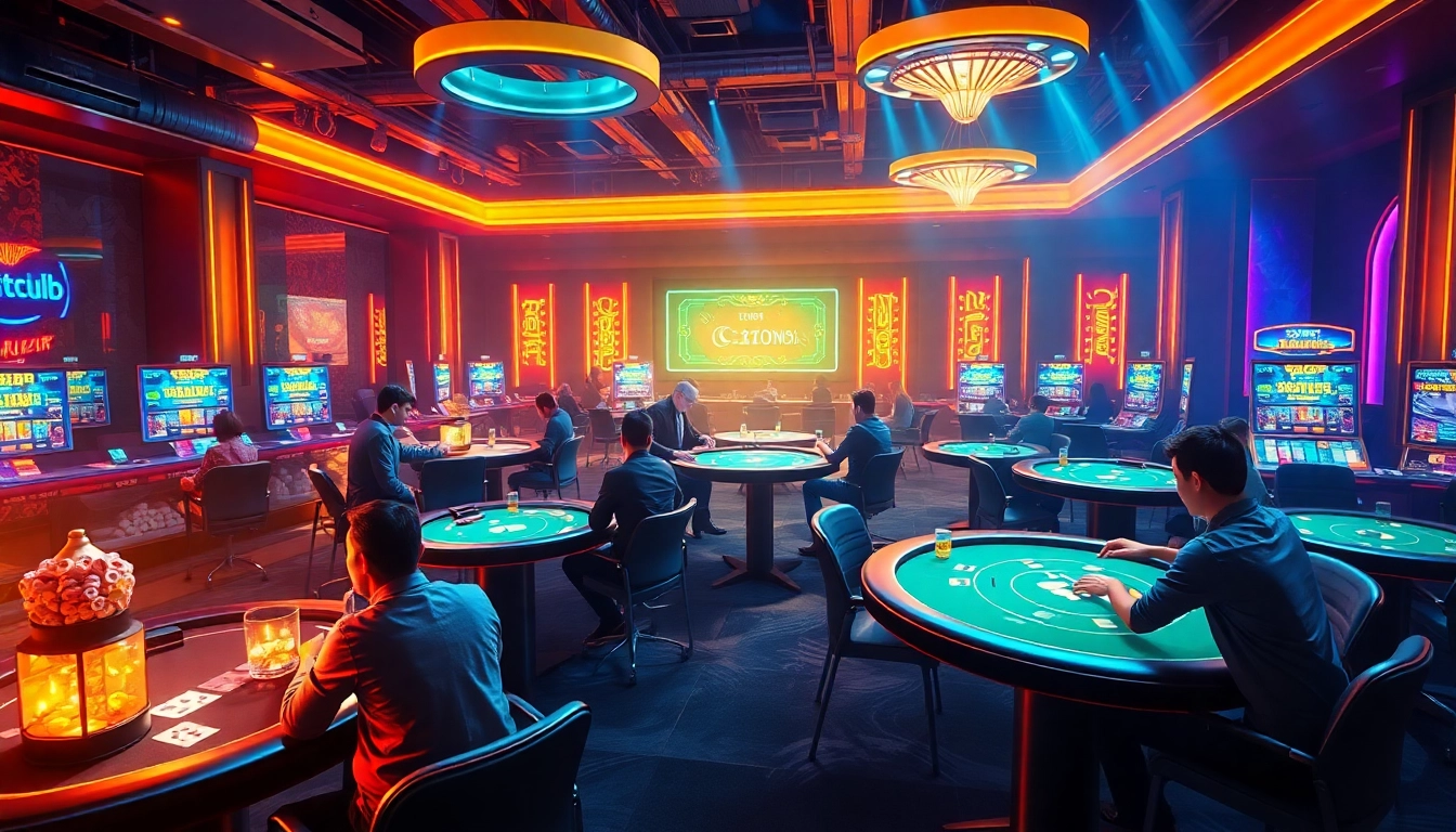 Hitclub gaming environment showcasing vibrant card games in a neon-lit casino.