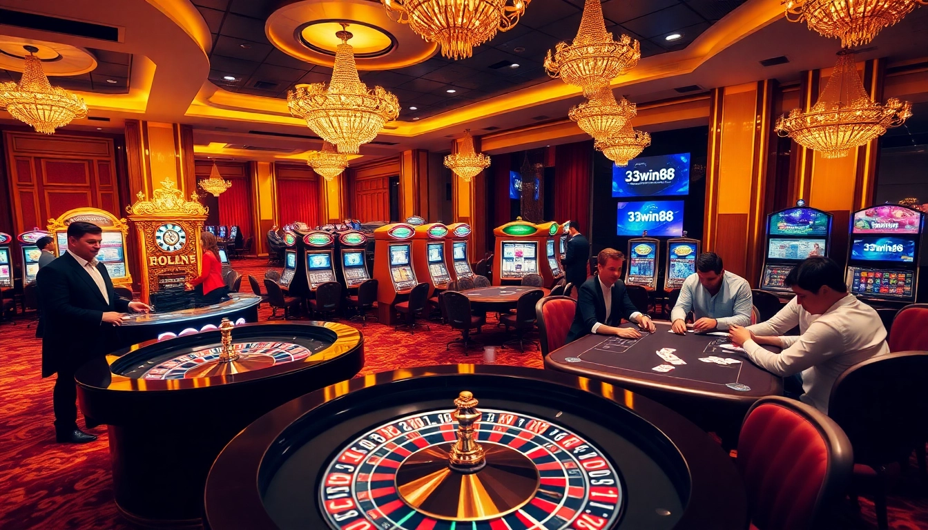 Sebuah pemandangan kasino yang semarak dengan pemain di meja poker dan roulette, menampilkan kegembiraan permainan 33win68.