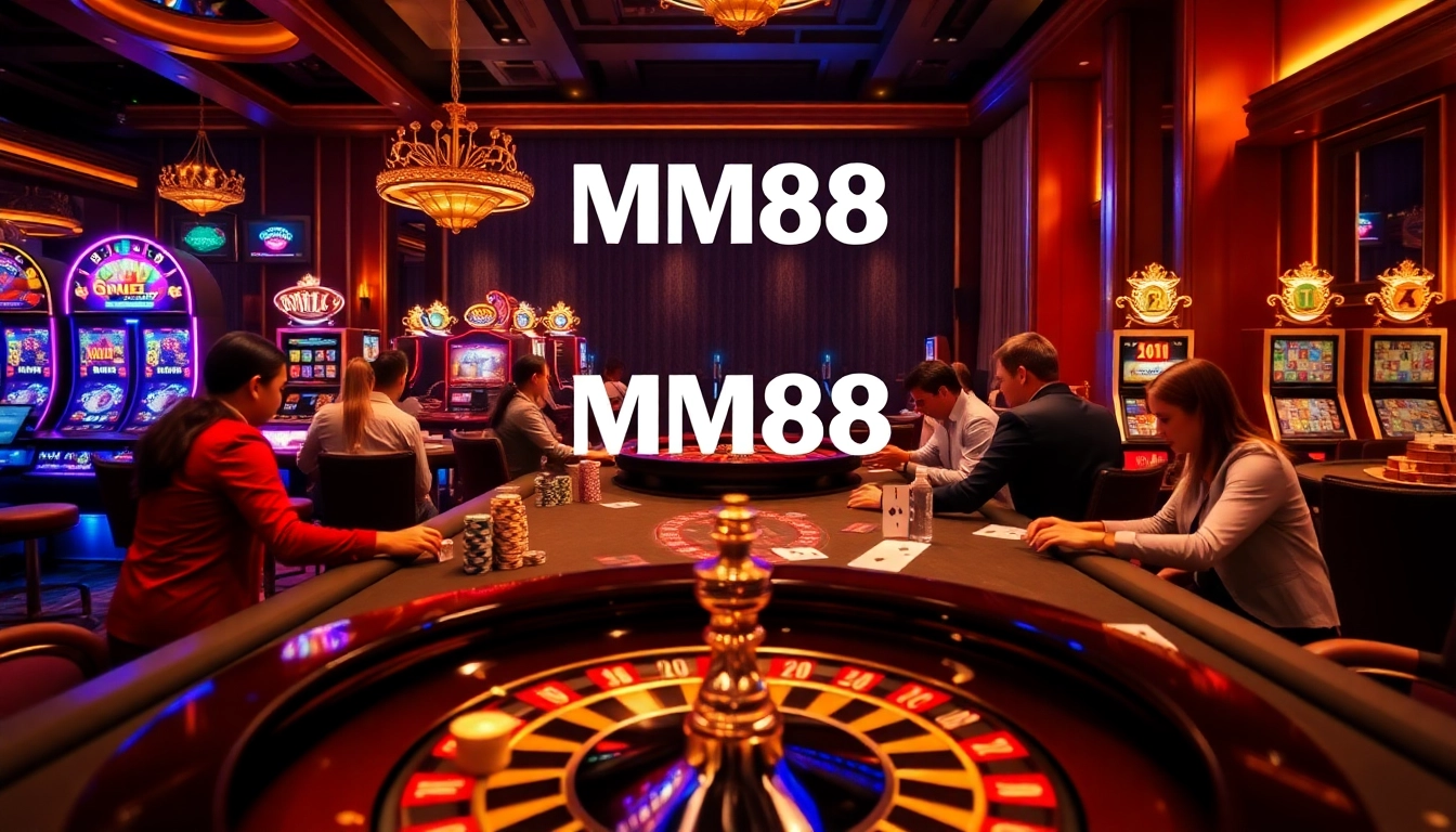 Thrilling casino atmosphere with MM88 poker chips and vibrant slot machines.