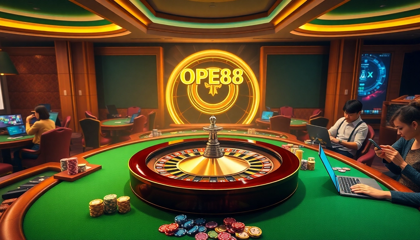 Engage in thrilling gaming action at OPEN88 with luxurious casino tables and roulette wheel.