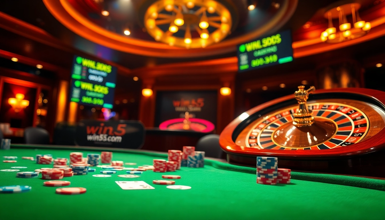 A thrilling poker scene with chips and cards at win55.com casino, showcasing excitement.