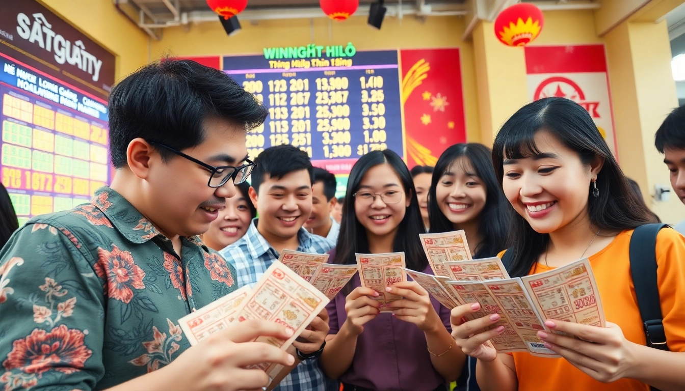 Song thủ lô players excitedly checking lottery tickets in vibrant colors