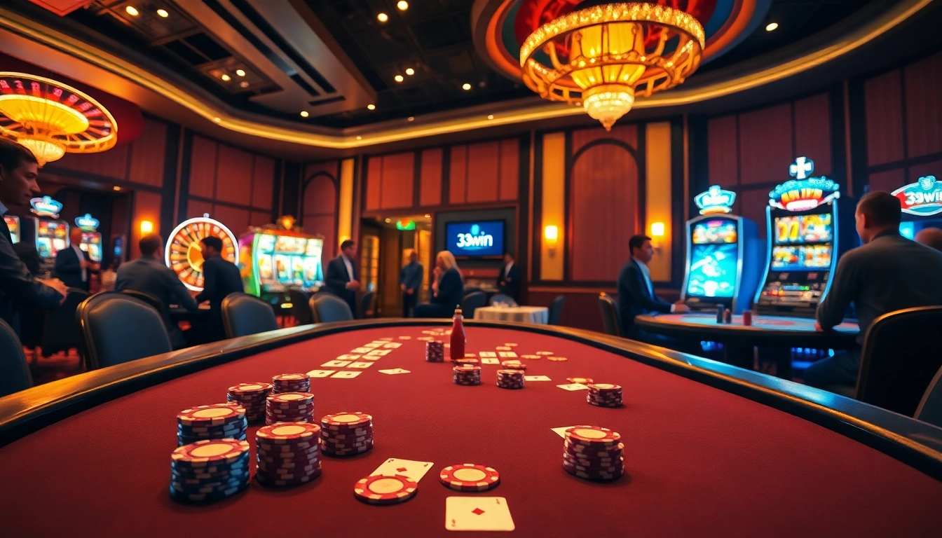 33win poker action at a luxurious casino table with vibrant chips and engaged players.