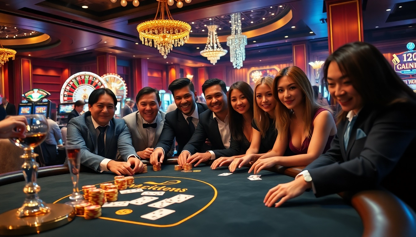 Excited players enjoying a high-stakes poker game at 68VIP casino, exuding luxury and thrill.