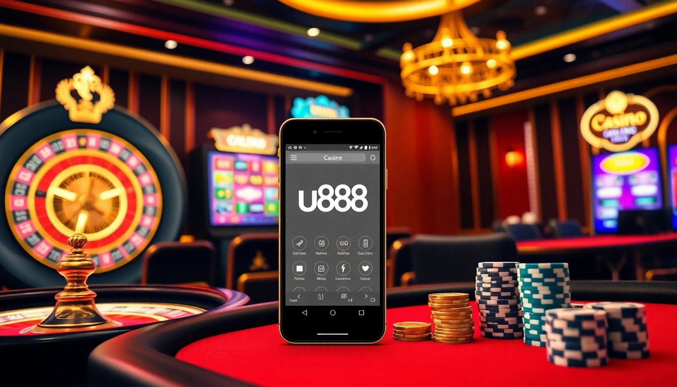 Engage with the lively u888 online casino experience featuring vibrant slot machines and a roulette wheel.