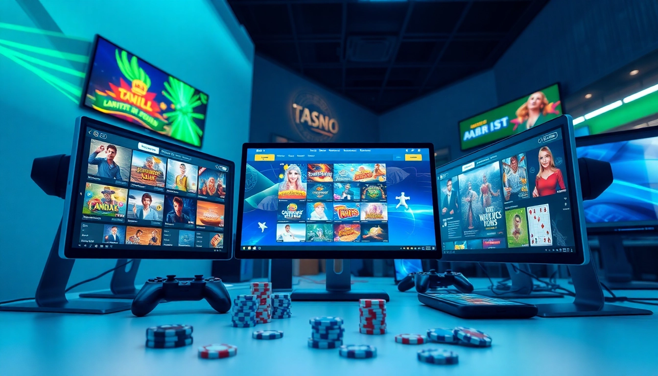 Engaging online gambling scene displaying nhacaiuytin gaming options on multiple screens.