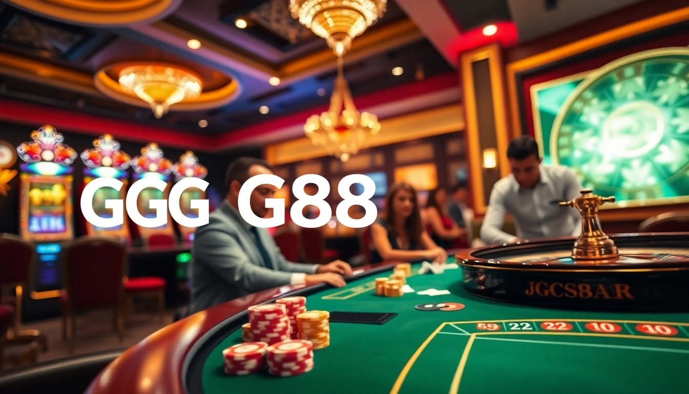 Players enjoying high-stakes poker games at GG88 casino table, vibrant atmosphere, luxury decor.