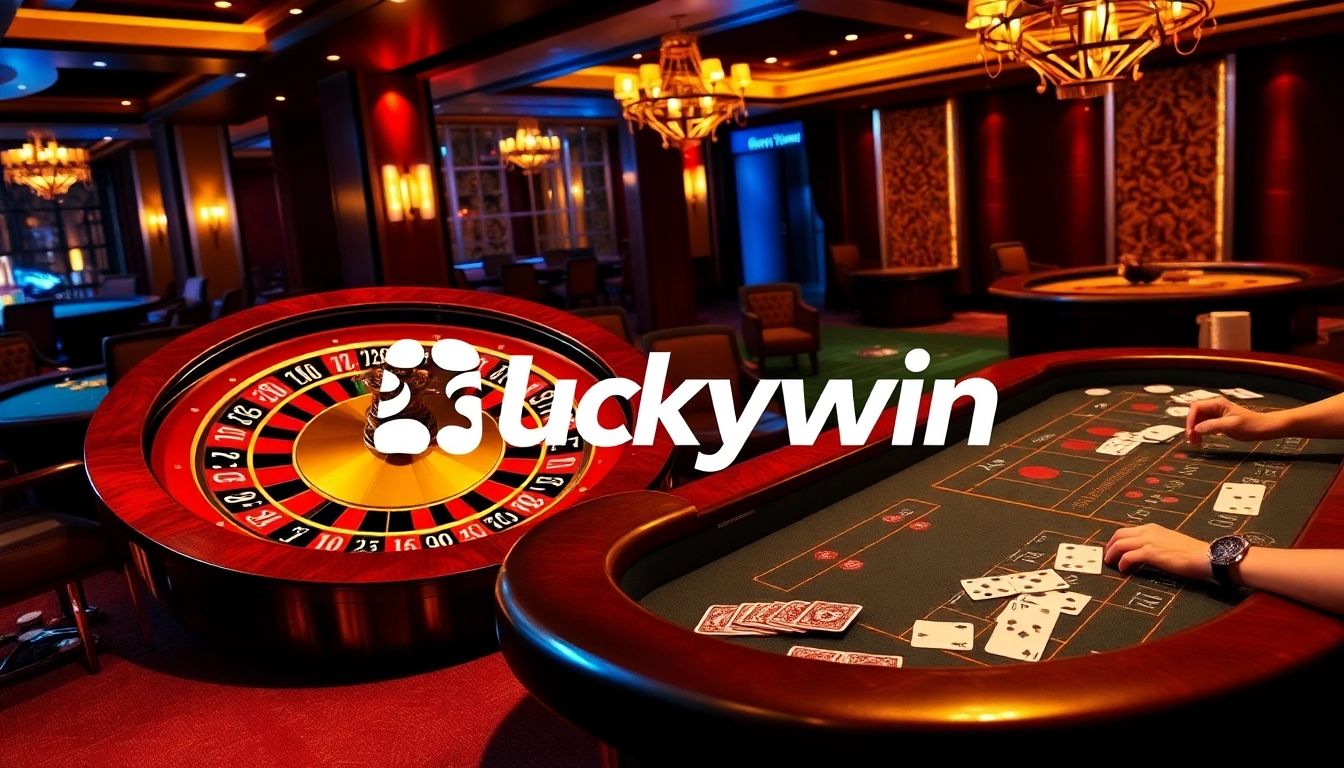 Experience thrilling games at Luckywin's vibrant casino with roulette and poker tables.