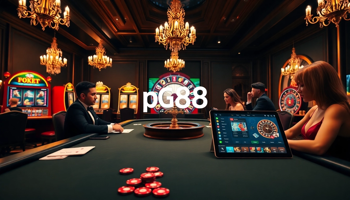 Players engage in a thrilling poker game at pg88's luxurious casino, surrounded by vibrant slot machines.