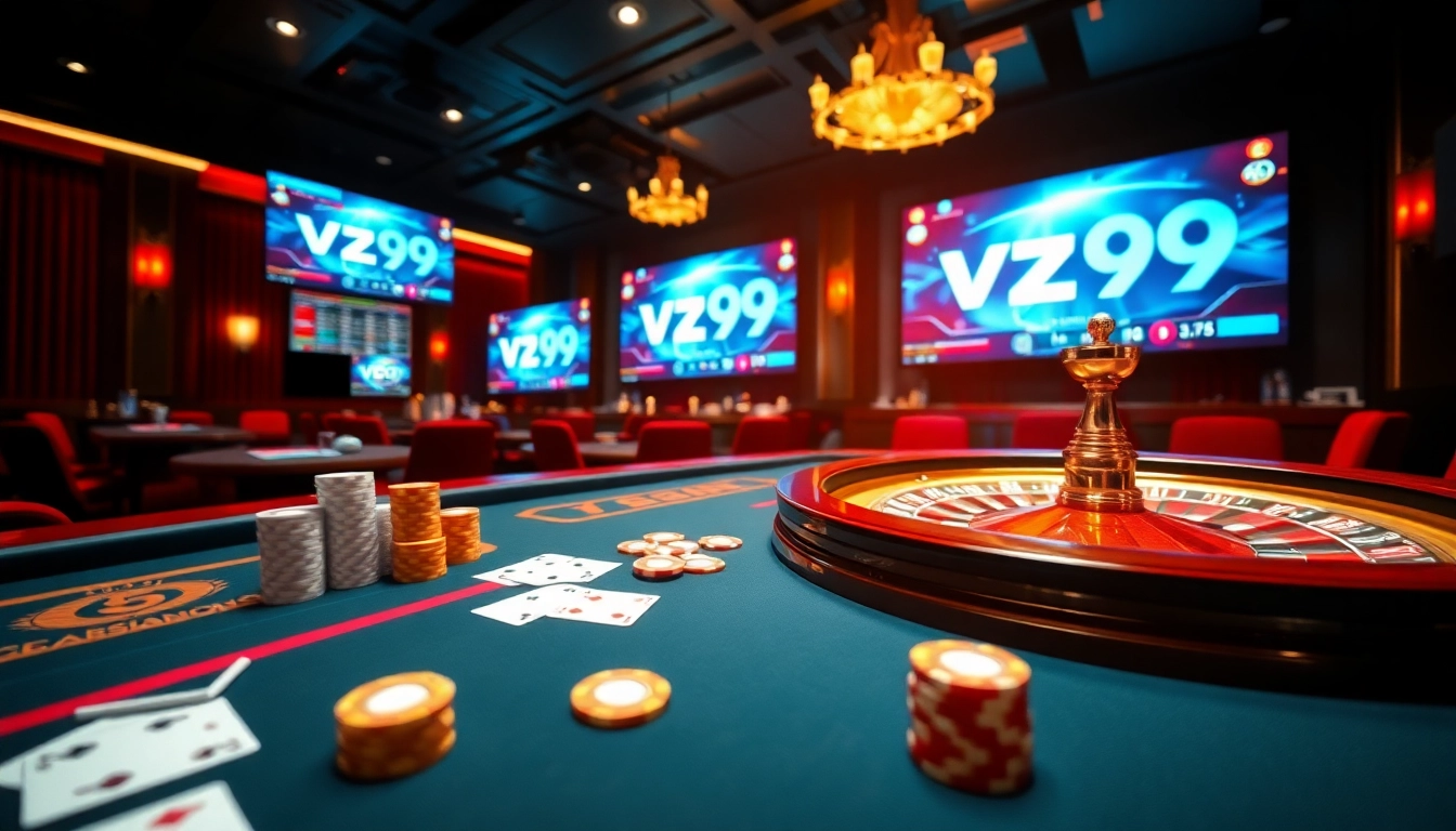 Engaging poker action at vz99 casino tables with chips and cards in play.