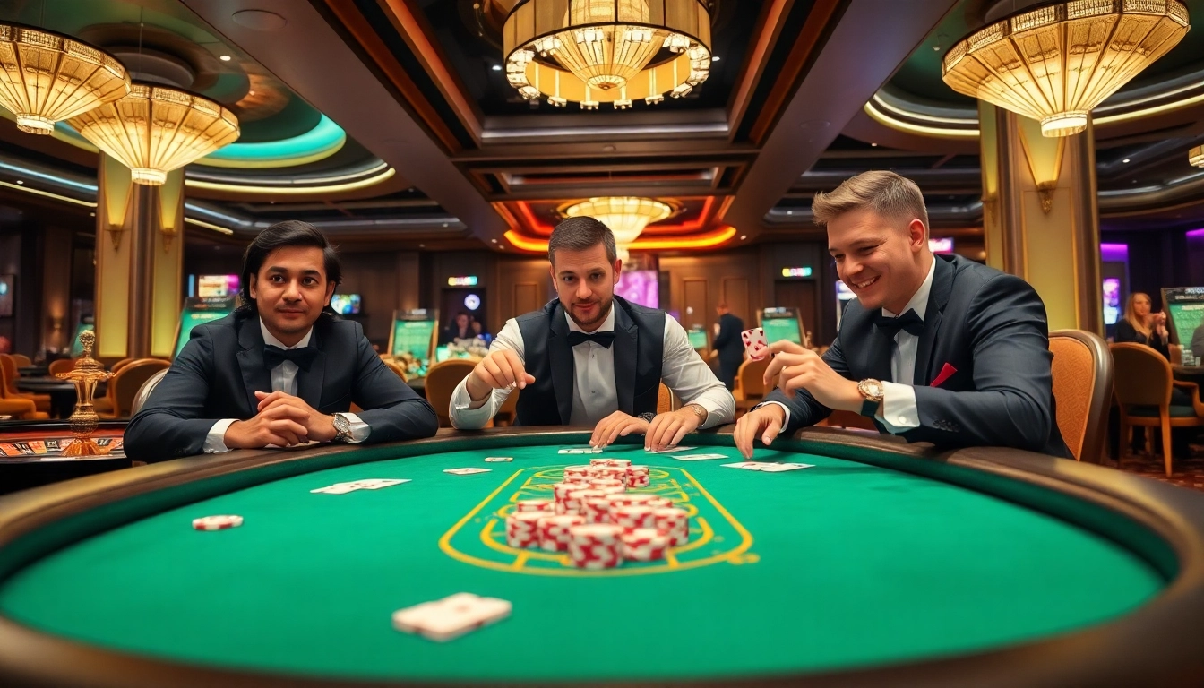 Players enjoying a thrilling game at a PG99 casino table with vibrant poker chips and cards.