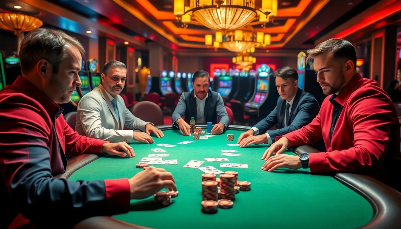 Professional players compete at a poker table in bl555's luxurious casino.