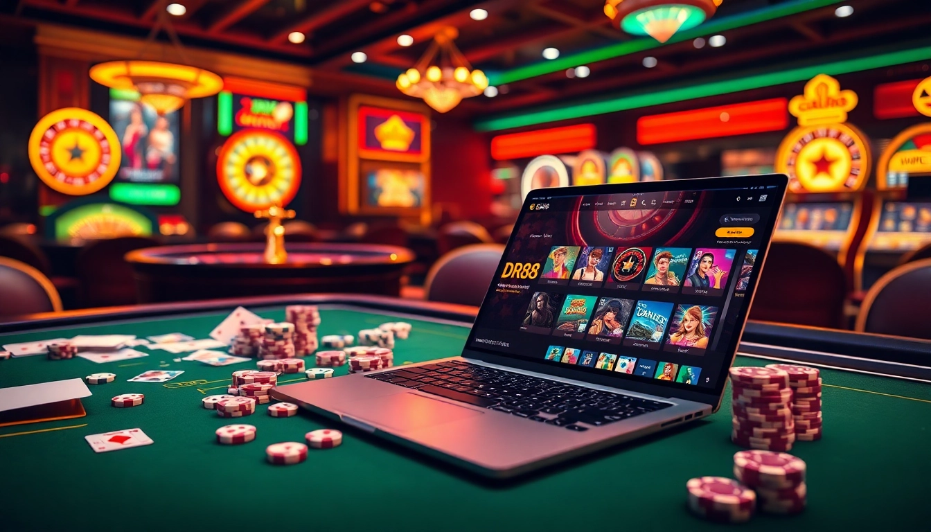 Experience the thrill of the DR88 app with a lively casino scene showcasing exciting gaming elements.